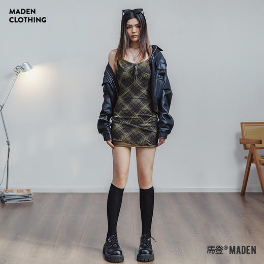 马登复古绿格子吊带裙休闲百搭V领连衣裙收腰设计拉链裙子夏季女 商品图0