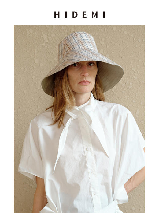HIDEMI度假系列格纹拼接米色两面多戴式大帽檐遮阳帽渔夫帽 商品图1