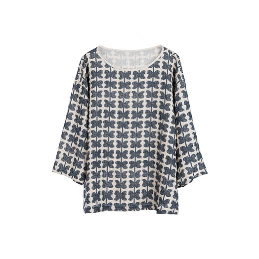 * 绽放旅行女装344朵/藏青色花朵印花复古文艺短袖宽松亚麻t恤小衫 商品图4