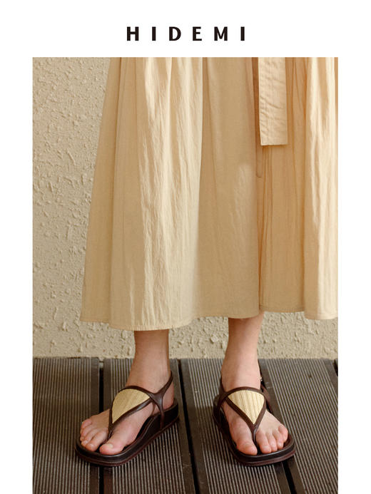 HIDEMI【董生活同款】度假系列草编拼皮极简人字三角形设计感夹脚厚底凉鞋 商品图14