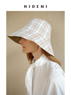 HIDEMI度假系列格纹拼接米色两面多戴式大帽檐遮阳帽渔夫帽