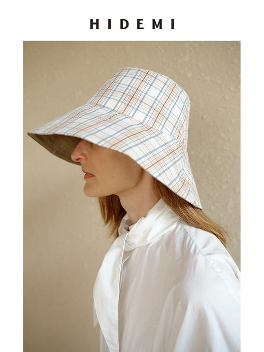 HIDEMI度假系列格纹拼接米色两面多戴式大帽檐遮阳帽渔夫帽 商品图0