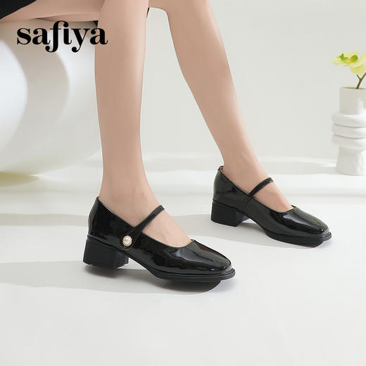 Safiya/索菲娅2024春季新品 复古珍珠一字带方头粗跟玛丽珍浅口单鞋 SF41111138 商品图3