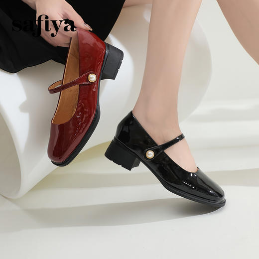 Safiya/索菲娅2024春季新品 复古珍珠一字带方头粗跟玛丽珍浅口单鞋 SF41111138 商品图4