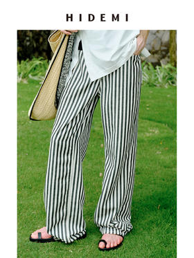 HIDEMI 度假系列条纹水洗棉柔软中低腰阔腿牛仔裤