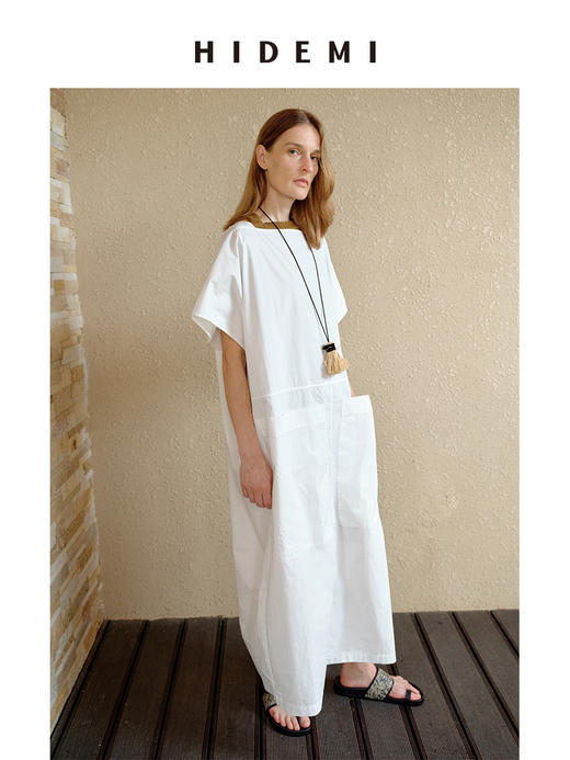HIDEMI 度假系列极简一字领大口袋大廓形设计感水洗棉宽松式连衣裙 商品图7