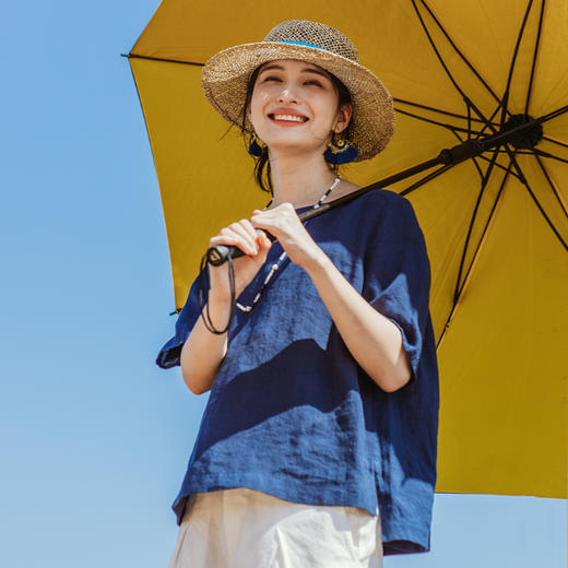 绽放旅行女装341朵/苎麻天丝圆领宽松文艺棉麻T恤上衣 商品图0