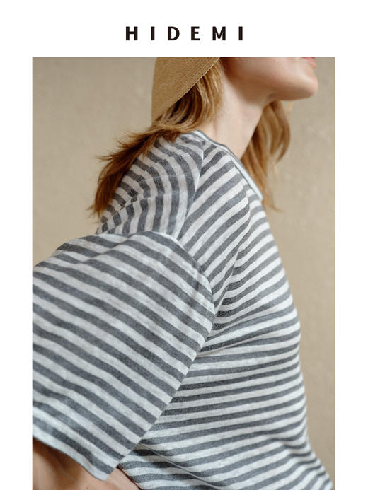 HIDEMI 度假系列极简水洗亚麻色织条纹柔软廓形短袖t恤 蓝色条纹/灰白条纹 商品图4