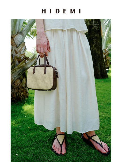 HIDEMI度假系列草编拼皮波士顿可拆卸功能斜挎手提包小号 黑白拼色/棕米拼色 商品图3