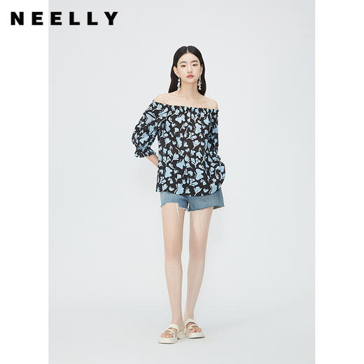 NEELLY纳俪商场同款一字肩七分袖雪纺上衣女夏季甜美洋气碎花衬衫N24052R01166 商品图0
