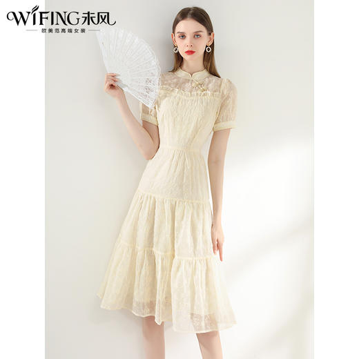 未风杏色雪纺连衣裙女夏2024年夏季新款女装改良旗袍国风减龄裙子 商品图3