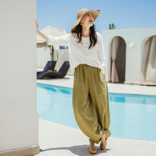 绽放旅行女装349朵/设计感拼接线条高端质感亚麻宽松阔腿灯笼裤 商品图3