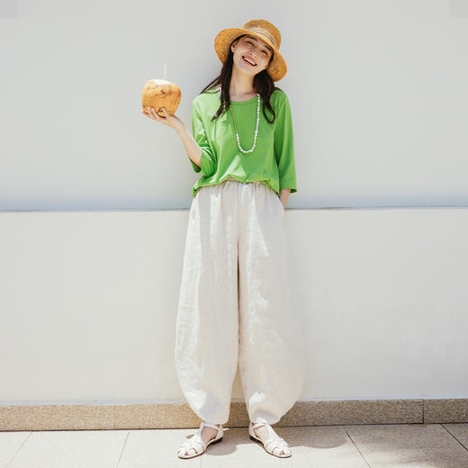 绽放旅行女装349朵/设计感拼接线条高端质感亚麻宽松阔腿灯笼裤 商品图1
