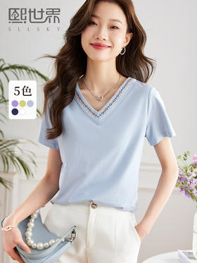 【专属特价】熙世界2025夏季新款设计感复古刺绣V领T恤女短袖时尚宽松显瘦上衣