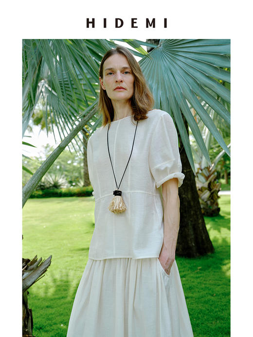 HIDEMI 度假系列微透视艺术肌理感圆领廓形袖中袖收腰套装 奶油白/开心果绿 上衣/半裙 商品图6