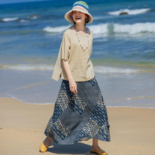 绽放旅行女装339朵/蓝染印花亚麻复古文艺半裙清凉透气海边度假裙 商品图2