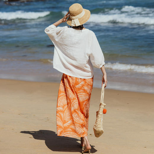 绽放旅行女装176朵/白色砂洗亚麻上衣夏季五分灯笼袖宽松休闲衬衫 商品图3
