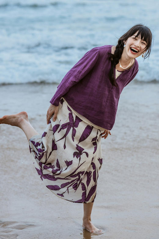 绽放旅行女装304-305朵/真丝棉背心紫色亚麻上衣背心旅游穿搭套装 商品图5