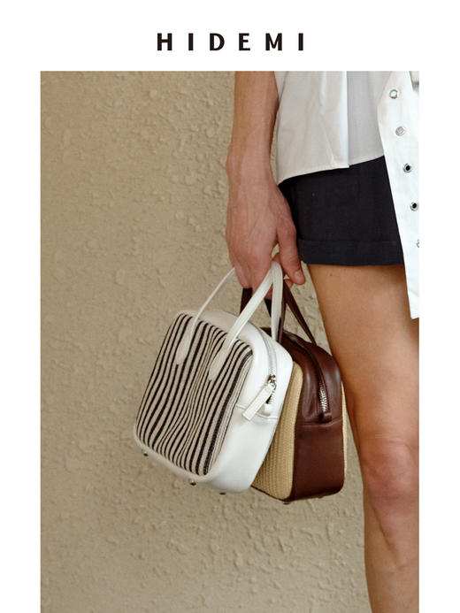 HIDEMI度假系列草编拼皮波士顿可拆卸功能斜挎手提包小号 黑白拼色/棕米拼色 商品图6