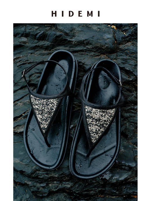 HIDEMI【董生活同款】度假系列草编拼皮极简人字三角形设计感夹脚厚底凉鞋 商品图3