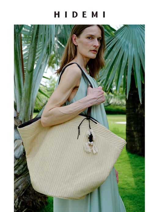 HIDEMI度假系列草编拼皮VASE TOTE艺术感花瓶手提肩背多用式托特包 商品图0