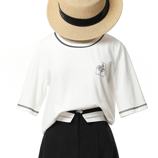 Famecoco范可儿短袖T恤女夏季刺绣撞色上衣FAC3BB001 商品图1