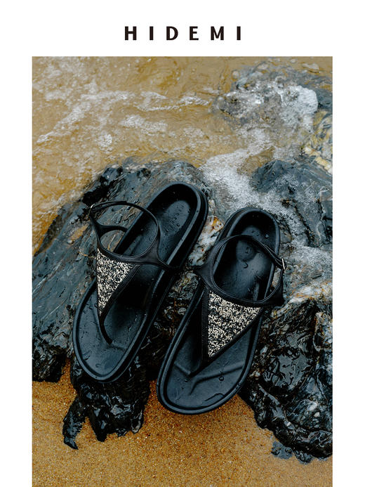 HIDEMI【董生活同款】度假系列草编拼皮极简人字三角形设计感夹脚厚底凉鞋 商品图1