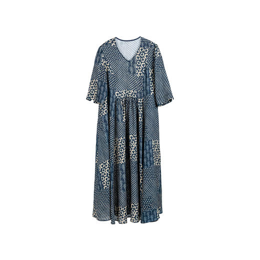绽放旅行女装338朵/蓝染效果印花v领海边度假宽松文艺亚麻连衣裙 商品图4