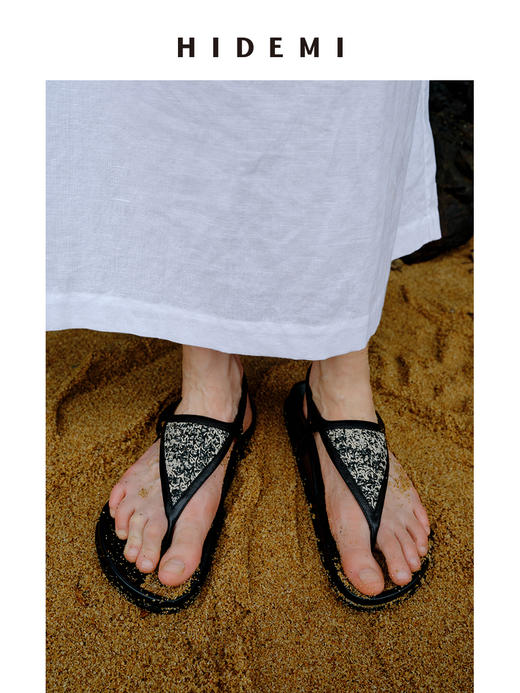 HIDEMI【董生活同款】度假系列草编拼皮极简人字三角形设计感夹脚厚底凉鞋 商品图8