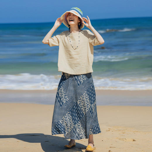 绽放旅行女装339朵/蓝染印花亚麻复古文艺半裙清凉透气海边度假裙 商品图0