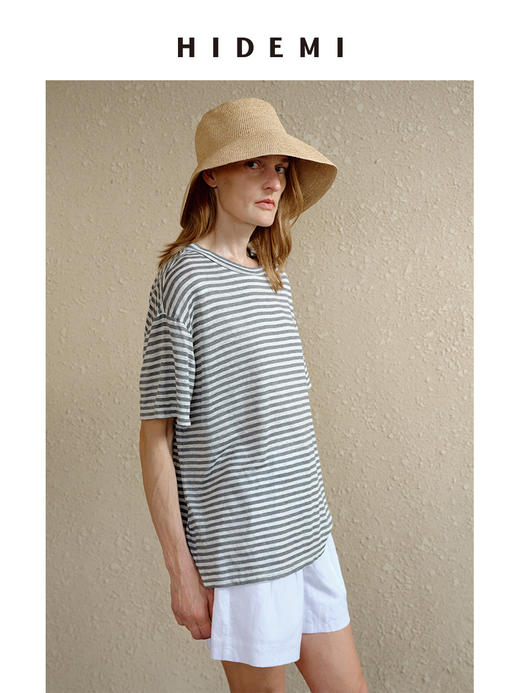 HIDEMI 度假系列极简水洗亚麻色织条纹柔软廓形短袖t恤 蓝色条纹/灰白条纹 商品图2