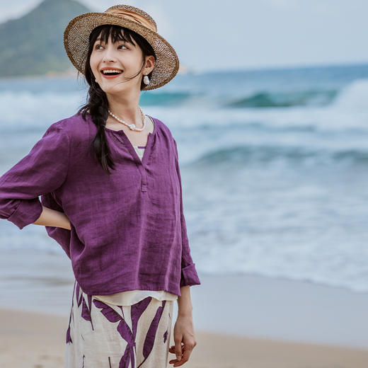绽放旅行女装304-305朵/真丝棉背心紫色亚麻上衣背心旅游穿搭套装 商品图1