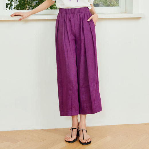 玳莎高腰松紧阔腿裤2024女新款夏季纯色宽松空气感亚麻九分花苞裤  EB36305 商品图0