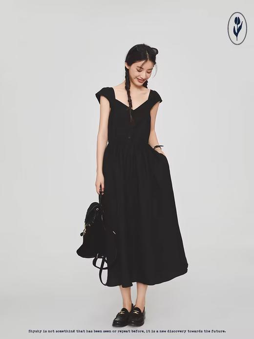 shyshystill/shy202305008/黑色麻感小扣子法式复古显瘦氛围感连衣裙 商品图3