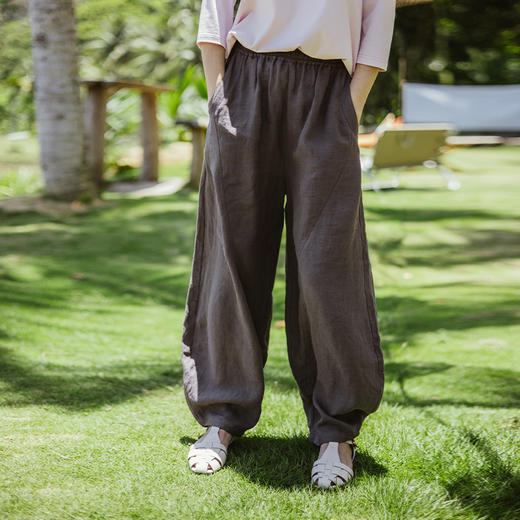 绽放旅行女装349朵/设计感拼接线条高端质感亚麻宽松阔腿灯笼裤 商品图0