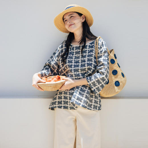 * 绽放旅行女装344朵/藏青色花朵印花复古文艺短袖宽松亚麻t恤小衫 商品图0