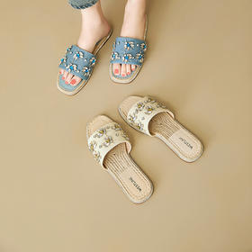 西遇外穿凉拖鞋女新款夏季水钻牛仔渔夫鞋平底露趾一字拖鞋V1947187