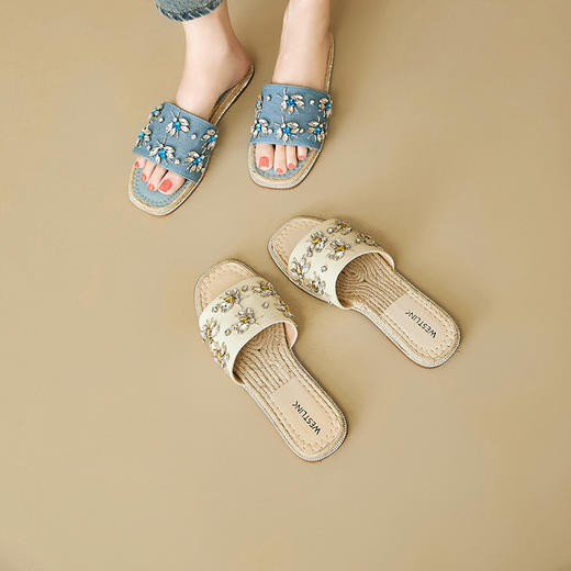 西遇外穿凉拖鞋女新款夏季水钻牛仔渔夫鞋平底露趾一字拖鞋V1947187 商品图0