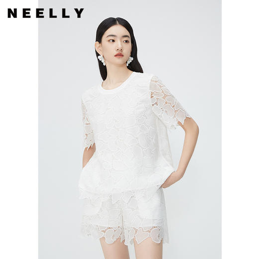 NEELLY纳俪商场同款重工蕾丝镂空上衣短裤两件套女高质感时髦套装N24052Z01182 商品图1