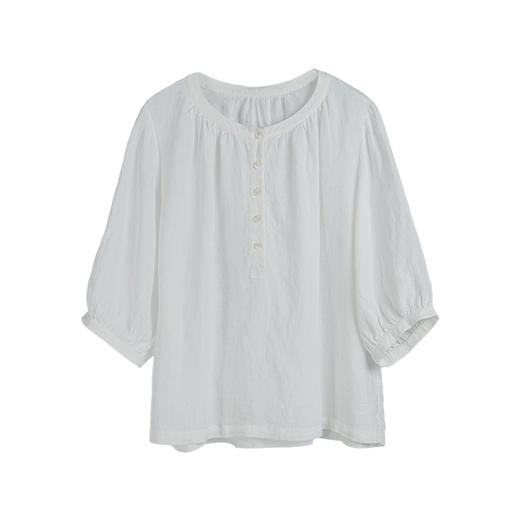 绽放旅行女装176朵/白色砂洗亚麻上衣夏季五分灯笼袖宽松休闲衬衫 商品图4