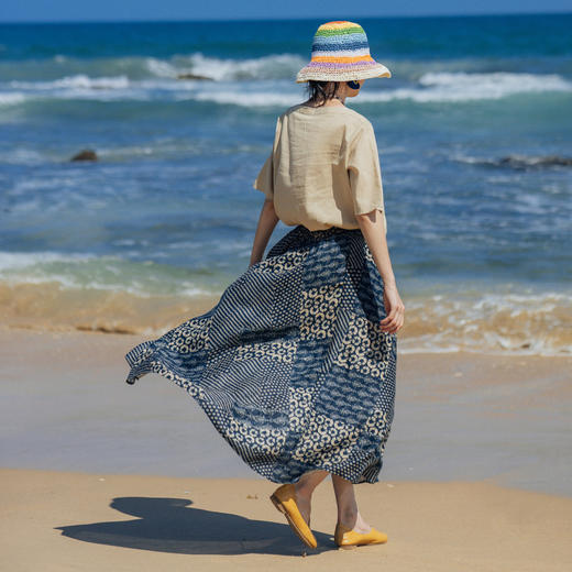 绽放旅行女装339朵/蓝染印花亚麻复古文艺半裙清凉透气海边度假裙 商品图3