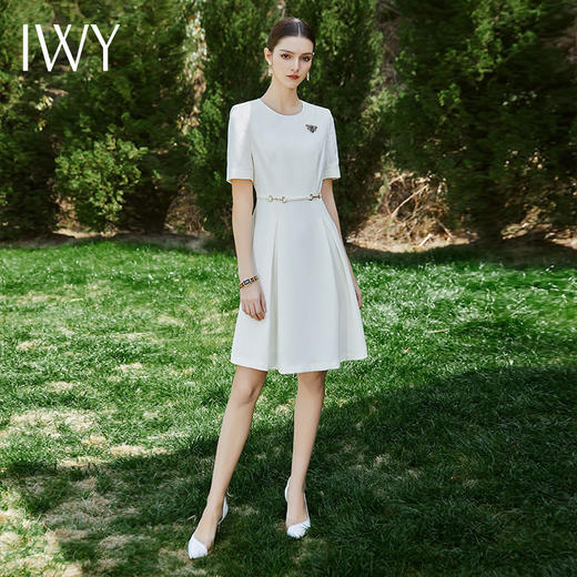 IWY/时尚通勤圆领连衣裙女气质职业装上班族通勤正装裙收腰约会裙Q1087 商品图4