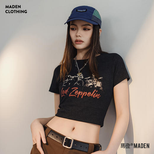 马登圆领印花短袖美式复古修身正肩T恤辣妹短款休闲百搭上衣夏女 商品图0