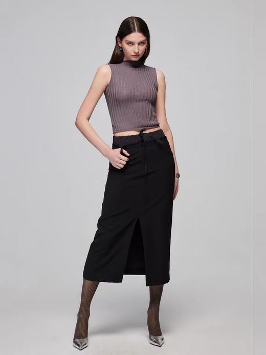 Simple Project/M24106/尼龙混纺坑条针织高领卷边短款紧身背心 商品图3