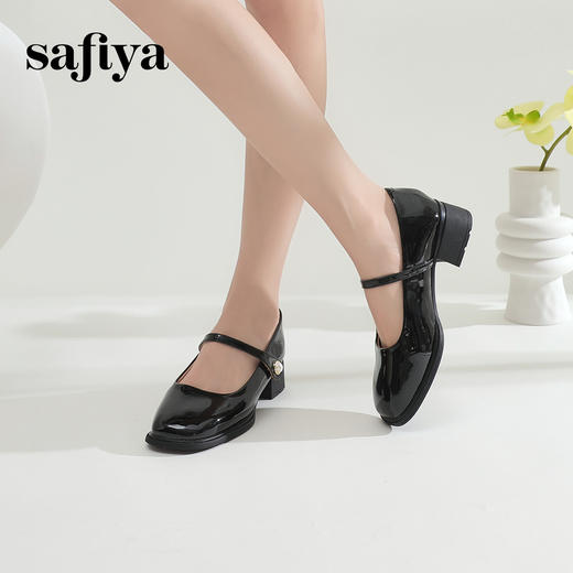 Safiya/索菲娅2024春季新品 复古珍珠一字带方头粗跟玛丽珍浅口单鞋 SF41111138 商品图5