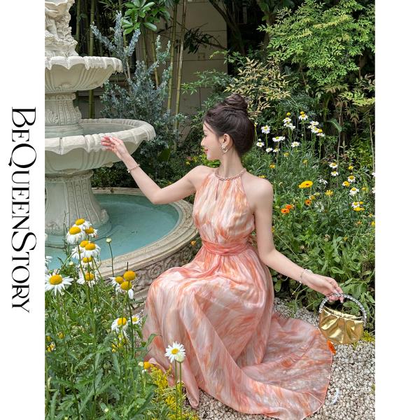 BeQueenStory【落日橘彩】轻薄透气冰丝凉感修身显瘦无袖连衣裙夏新