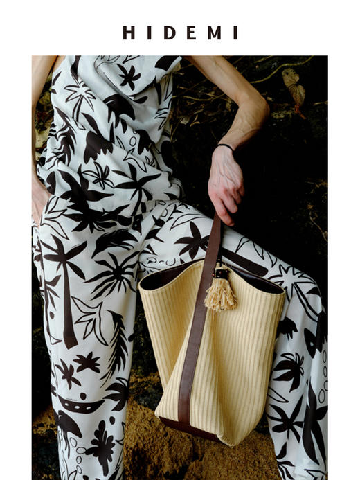 HIDEMI度假系列草编拼皮水桶包tote托特包中号 商品图3