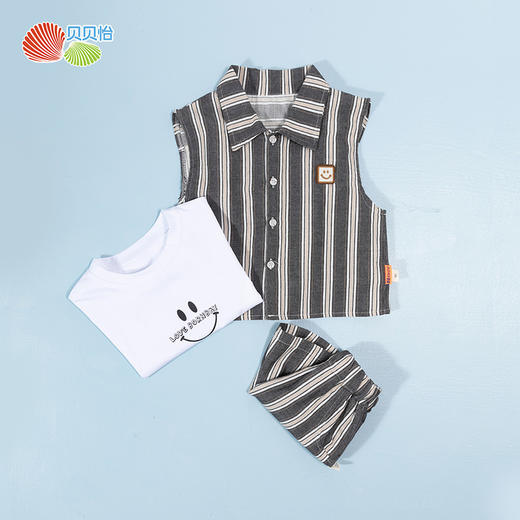 贝贝怡童装儿童短袖短裤套装夏季透气时尚t恤男童纯棉马甲三件套 商品图5