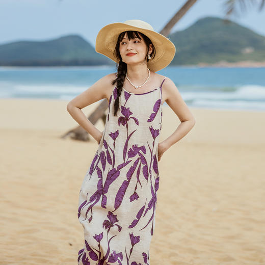 绽放旅行女装306朵/萱草花印花吊带裙旅游穿搭海边度假连衣裙 商品图1
