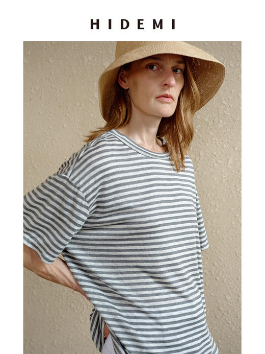 HIDEMI 度假系列极简水洗亚麻色织条纹柔软廓形短袖t恤 蓝色条纹/灰白条纹 商品图5